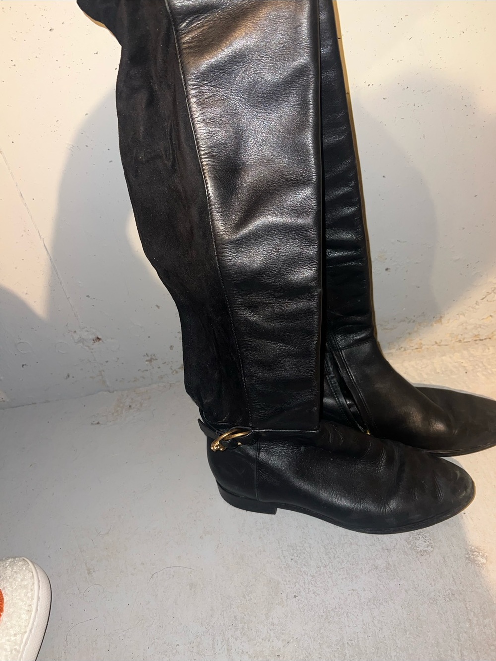 Tory Burch Black Leather and Suede Over-the-Knee Boots with Gold Buckle